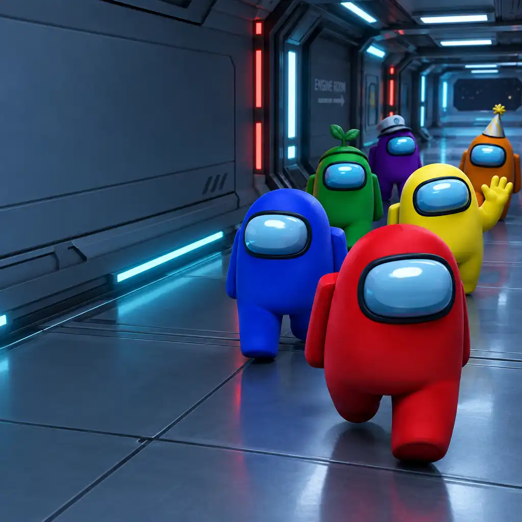 Színes crewmate karakterek egy űrhajó folyosóján, barátságos sci-fi hangulatban